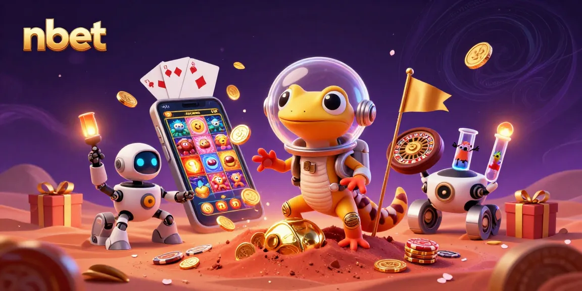 nbet Martian gecko discovers a vibrant casino scene in 3D illustration, showcasing gambling elements.