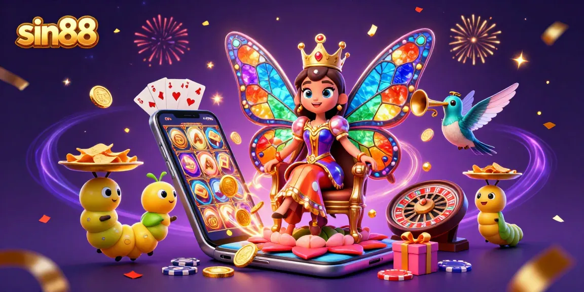 Experience the thrill of sin88 with a vibrant scene featuring a cartoon butterfly queen amidst casino elements.