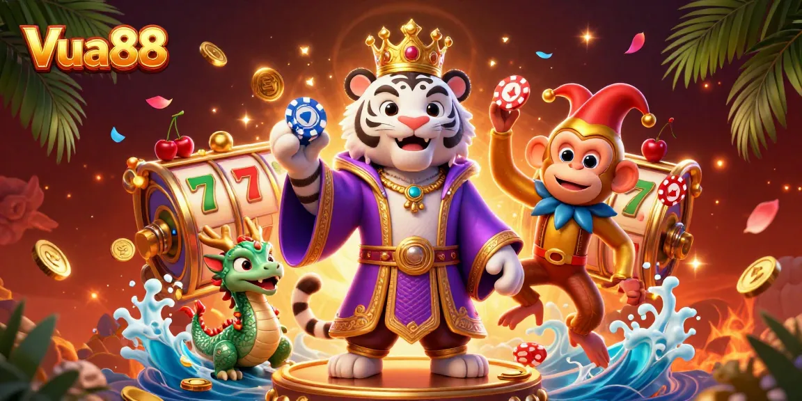 Experience thrilling gameplay with Vua88's enchanting casino scene featuring festive characters and rich game elements.