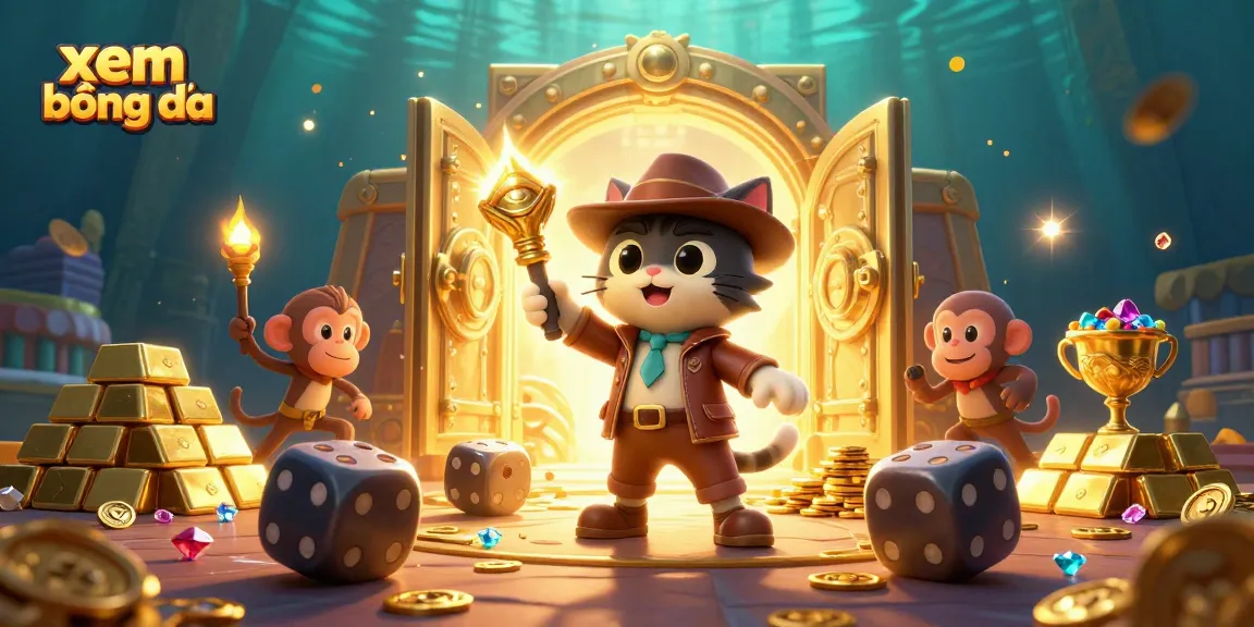 Xem bóng đá with a colorful scene showcasing a cat explorer finding golden artifacts in a casino