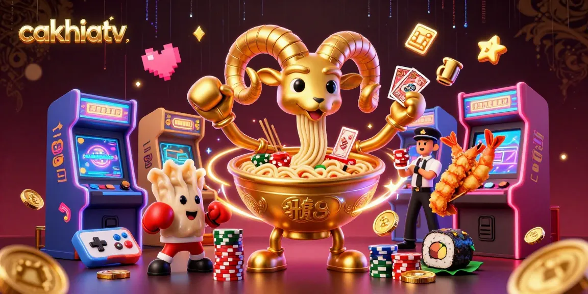 Cakhiatv engages players with a lively casino theme featuring a golden ramen bowl, sushi dealer, and vibrant game elements.