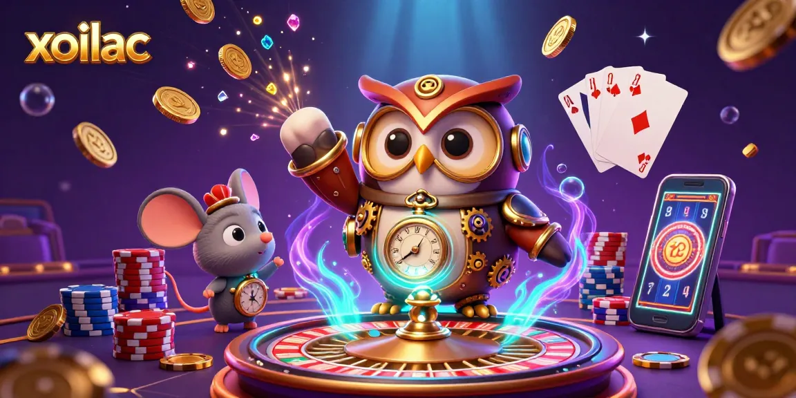 Xoilac brings luck with a time-traveling owl and casino glamour in a vibrant 3D scene.