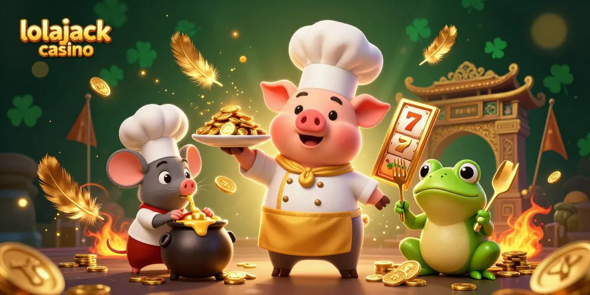 Lolajack casino's vibrant scene features a 3D chef pig serving gold coins among gaming elements and cheerful characters.
