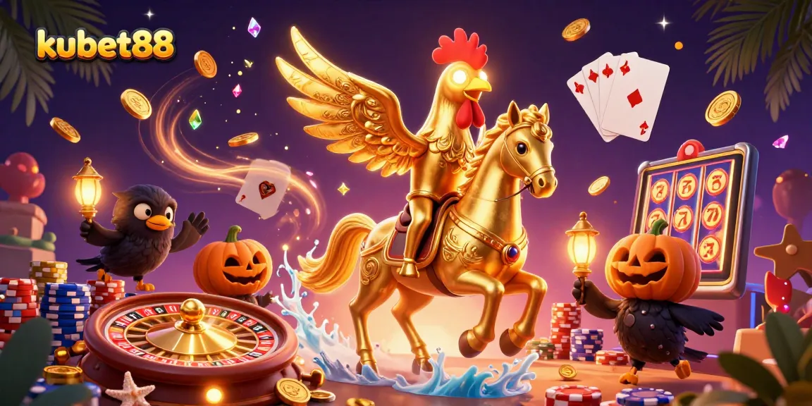 Experience thrilling gameplay excitement at kubet88 with a golden rooster character amid a lively casino scene.