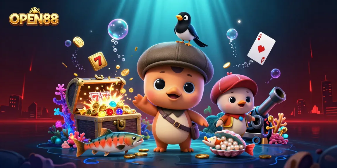 Engage with OPEN88 through a vibrant 3D cartoon scene showcasing slots and treasures.