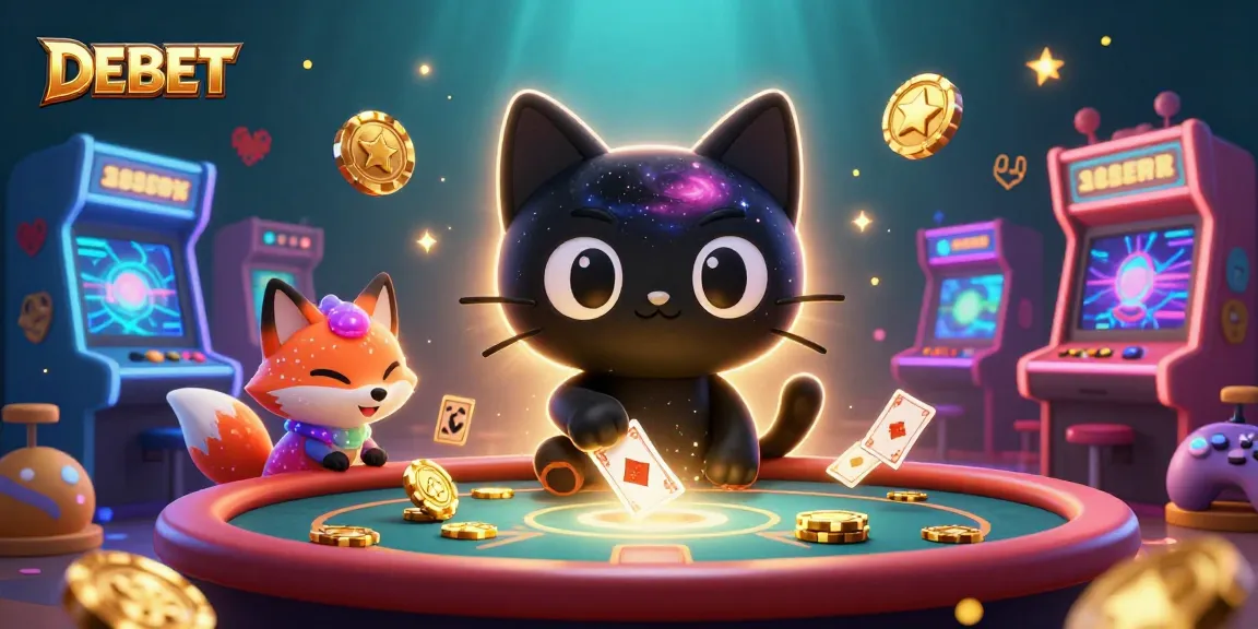 Experience the enchanting DEBET universe with a cosmic black hole cat and vibrant gaming elements.