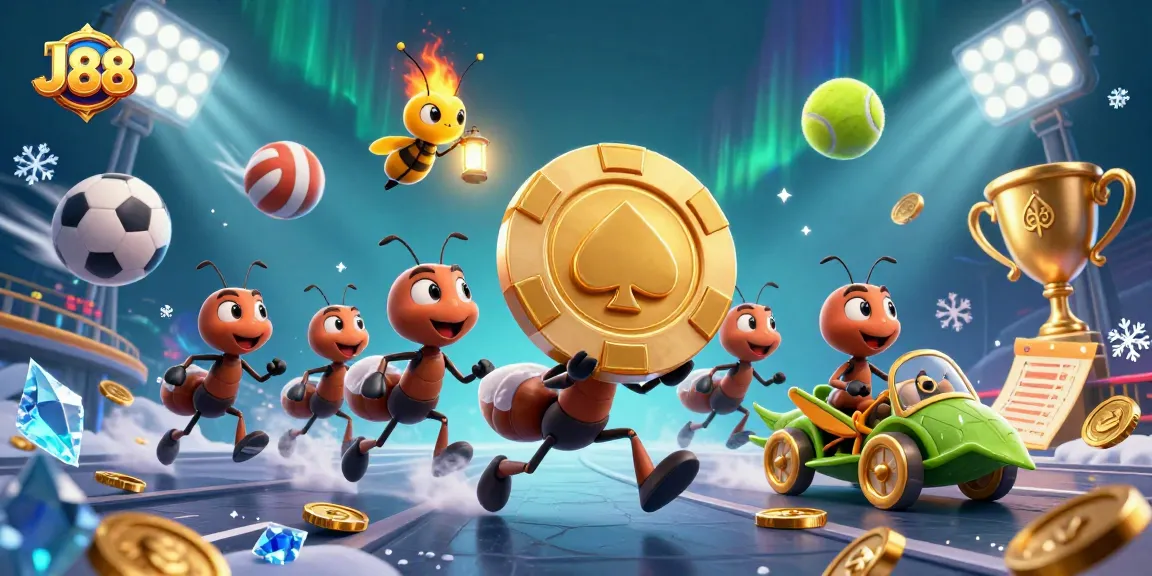 Experience the excitement of J88 with cartoon ants carrying a huge poker chip in a dynamic casino scene.