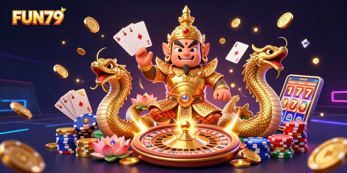 Experience the vibrant excitement of FUN79 with a lively casino-themed 3D scene full of golden treasures and gaming elements.