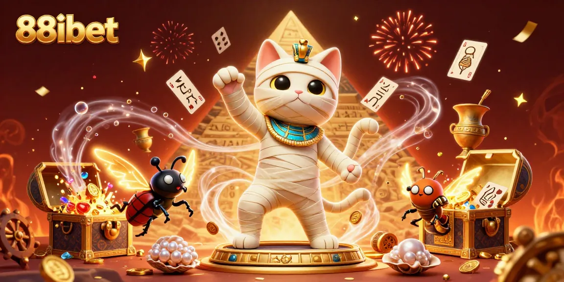 Experience exciting gameplay at 88ibet with vibrant graphics featuring a winning mummy cat and treasure.