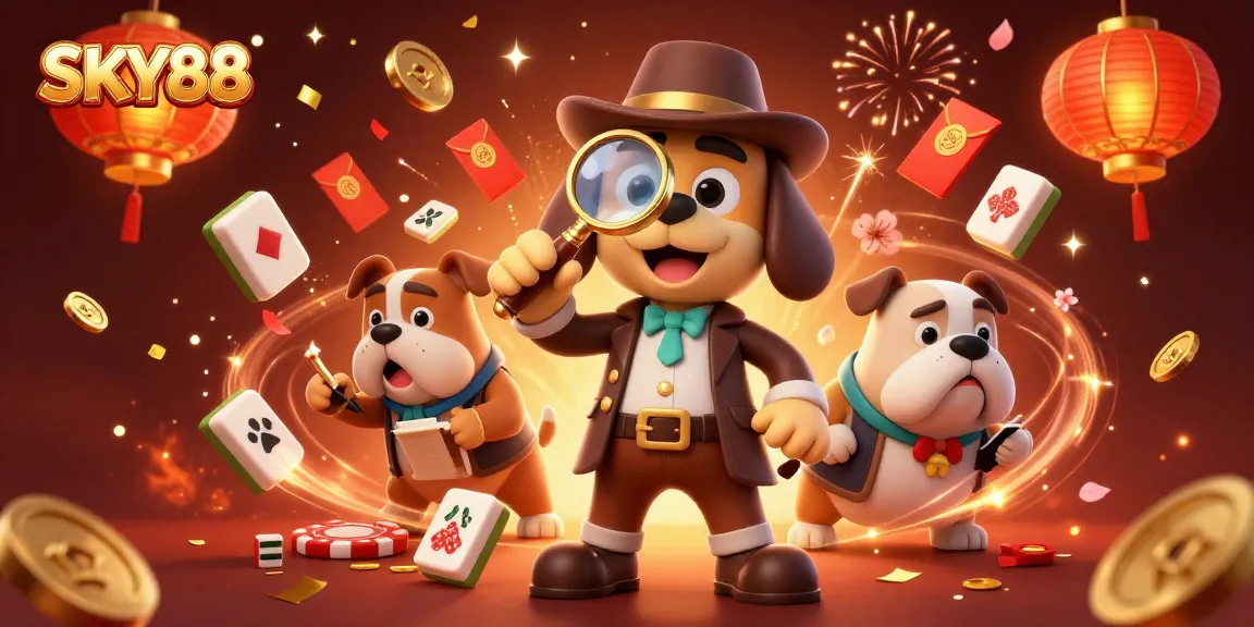 Bet on excitement with SKY88 as a detective reveals golden poker chips amidst festive casino elements.