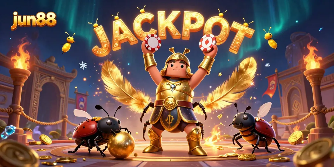 Experience the excitement of jun88 with a victorious beetle champion highlighting a jackpot.